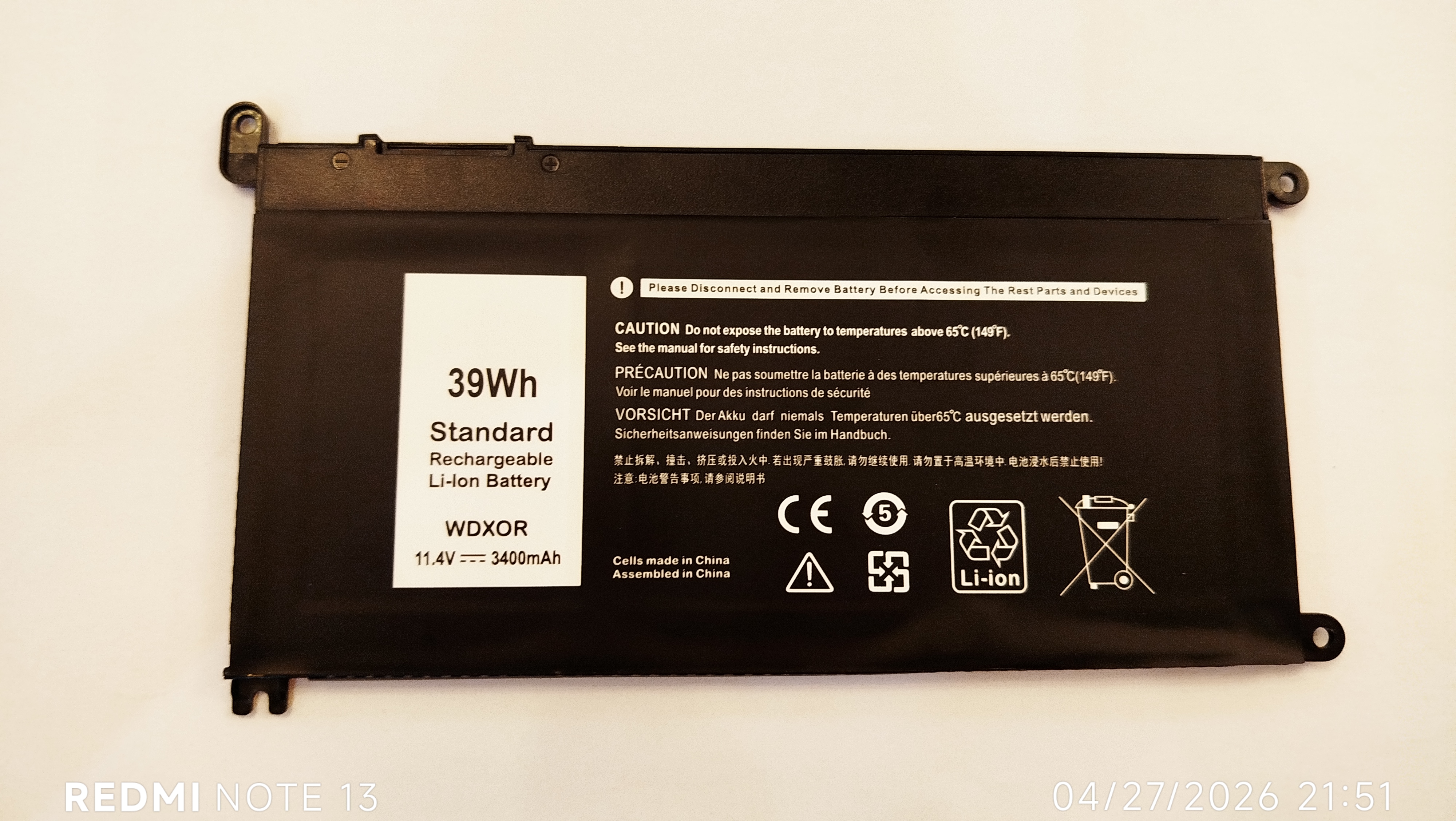 باطری لپ تاپ دل 3 سل پلیمریWDXOR 3400mah